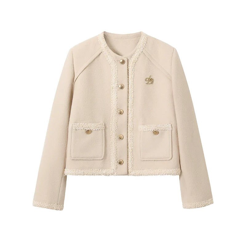 Classic Tweed Cropped Jacket: Beige Button-Front Blazer with Frayed Edges and Gold Logo Pin