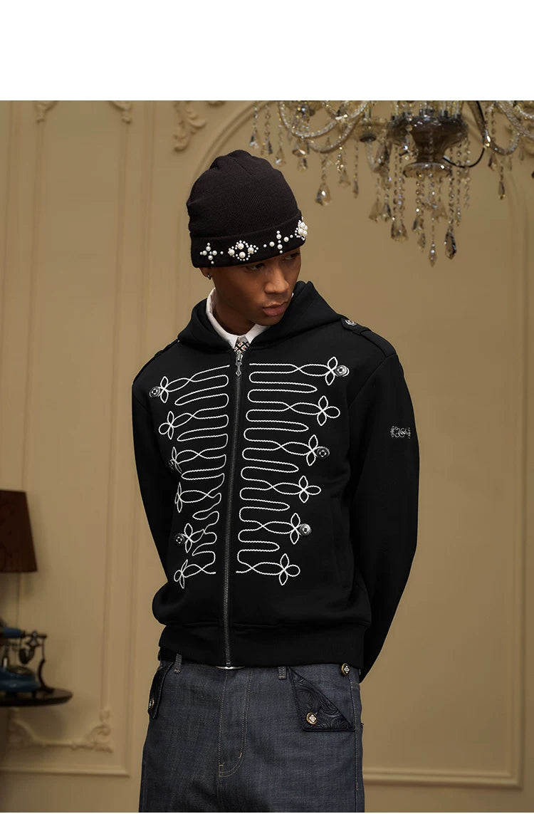 Black Military Embroidered Zip-Up Hoodie