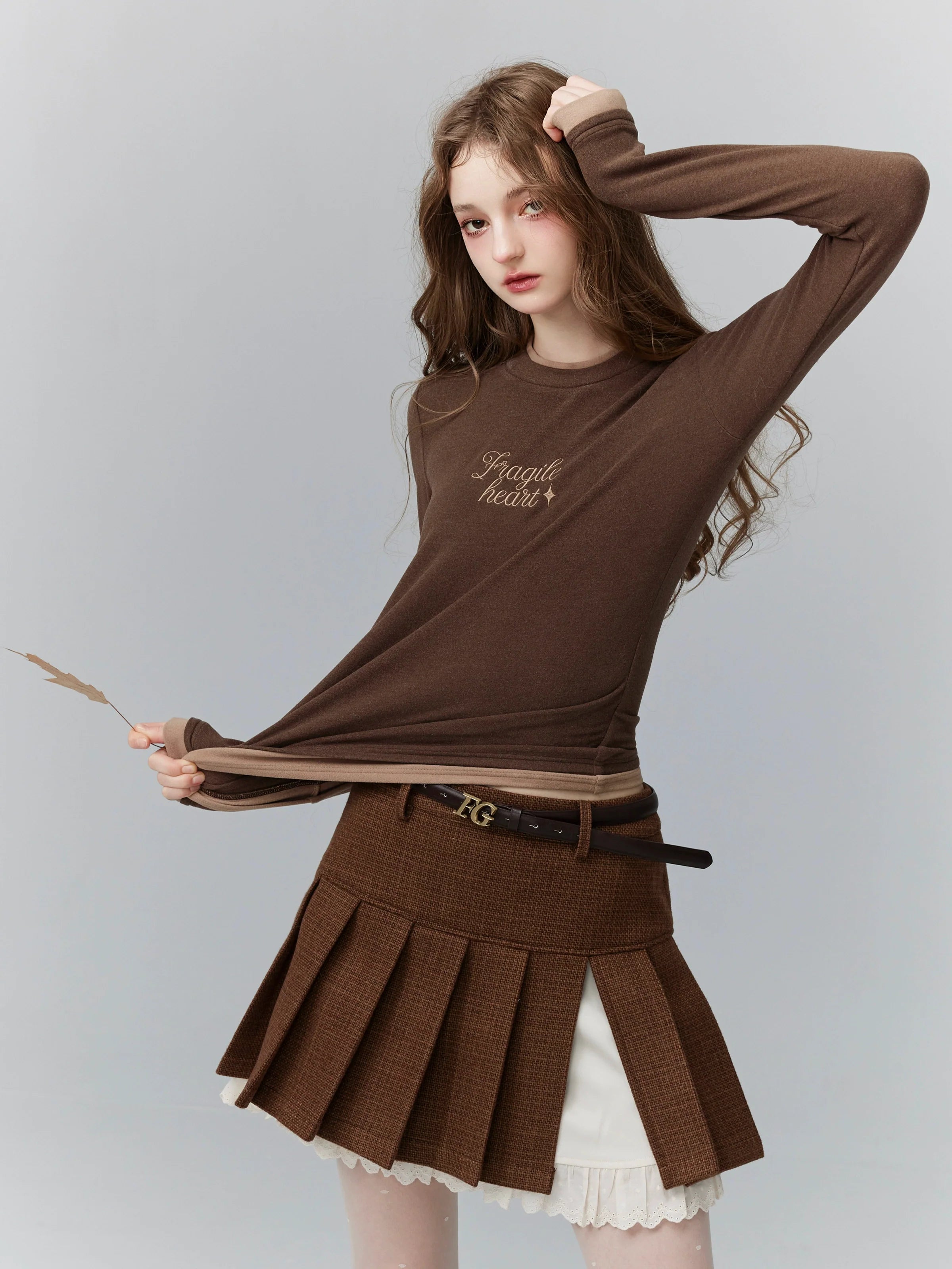 Brown Pleated Mini Skirt with White Lace Underskirt