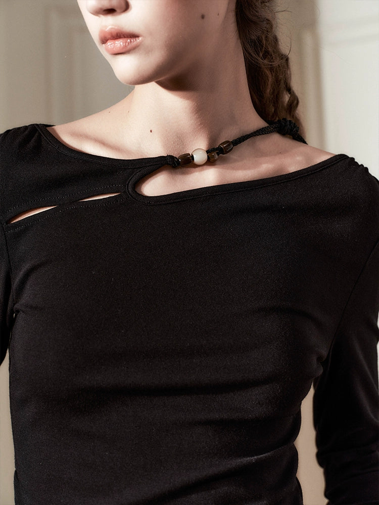 Asymmetrical Sheer Long Sleeve Top with Beaded Strap