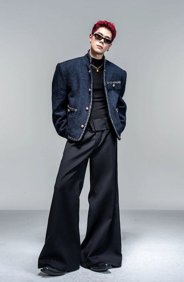Navy Blue Tweed Cropped Jacket with Frayed Trim