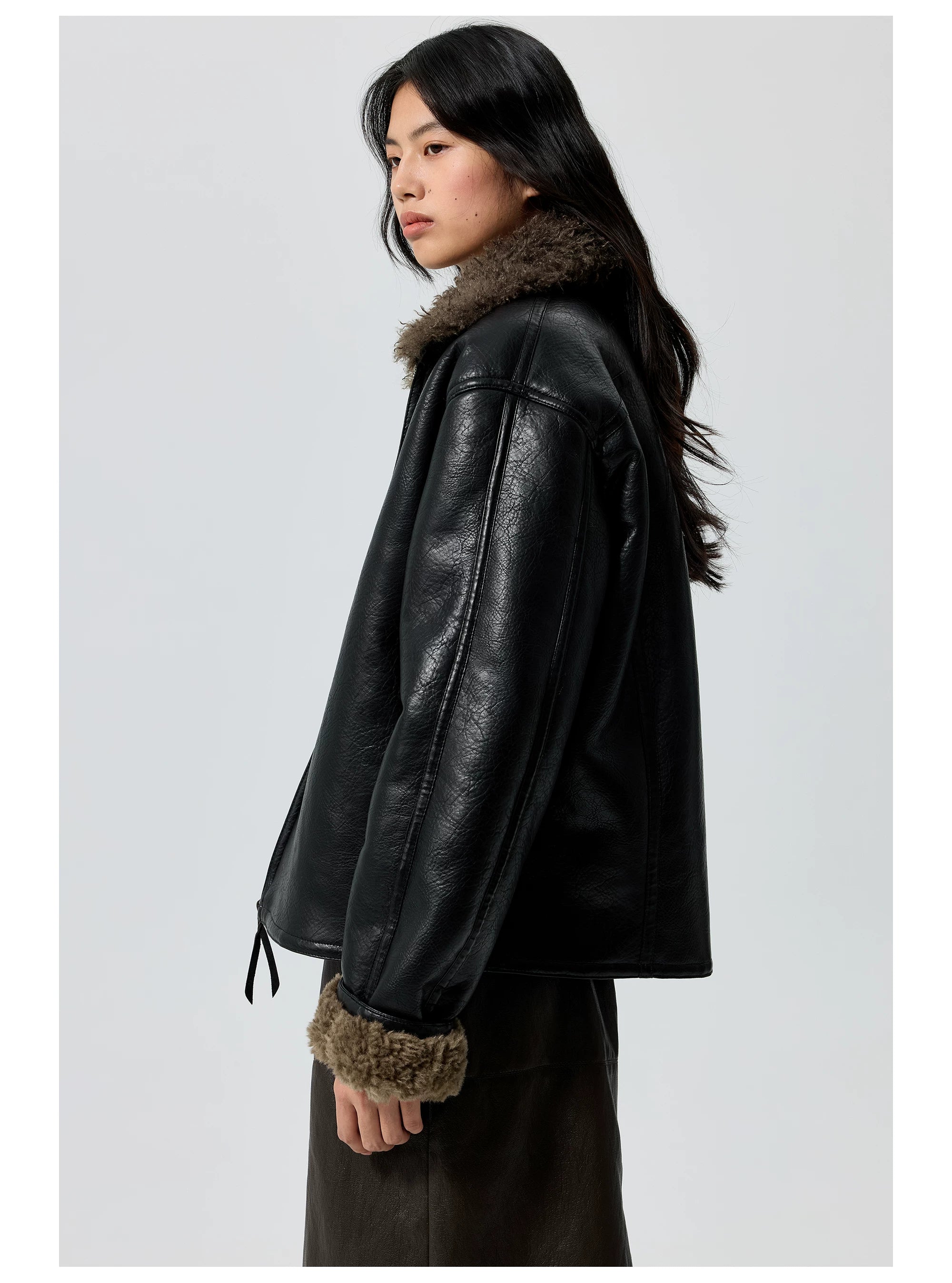 Oversized Faux Leather Jacket with Shearling Collar