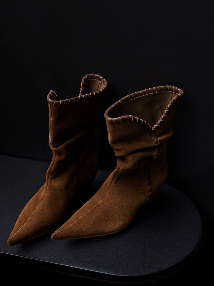 Brown Suede Slouchy Pointed-Toe Boots with Whipstitch Trim
