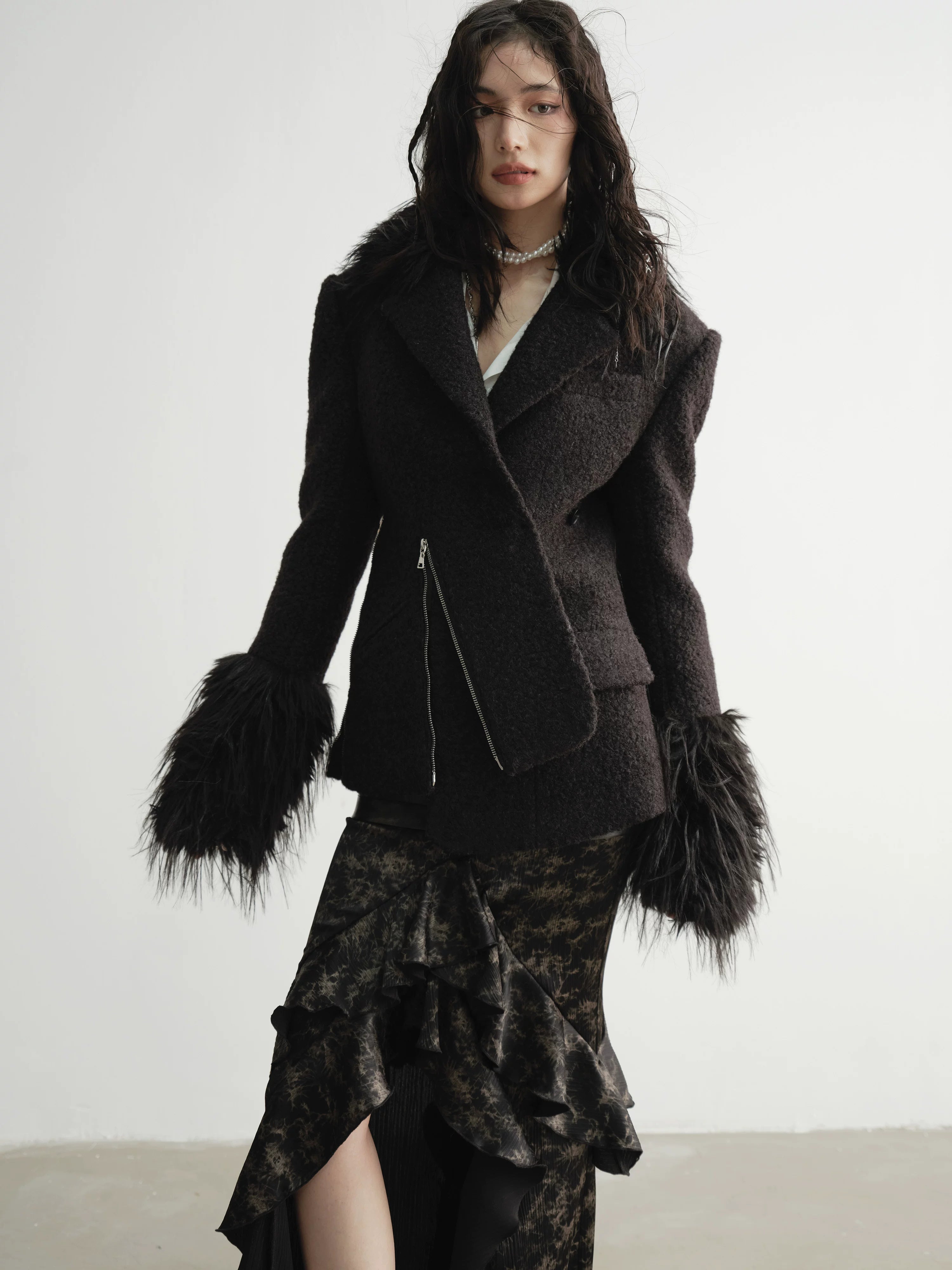 Shadowplume Textured Fur Cuff Coat