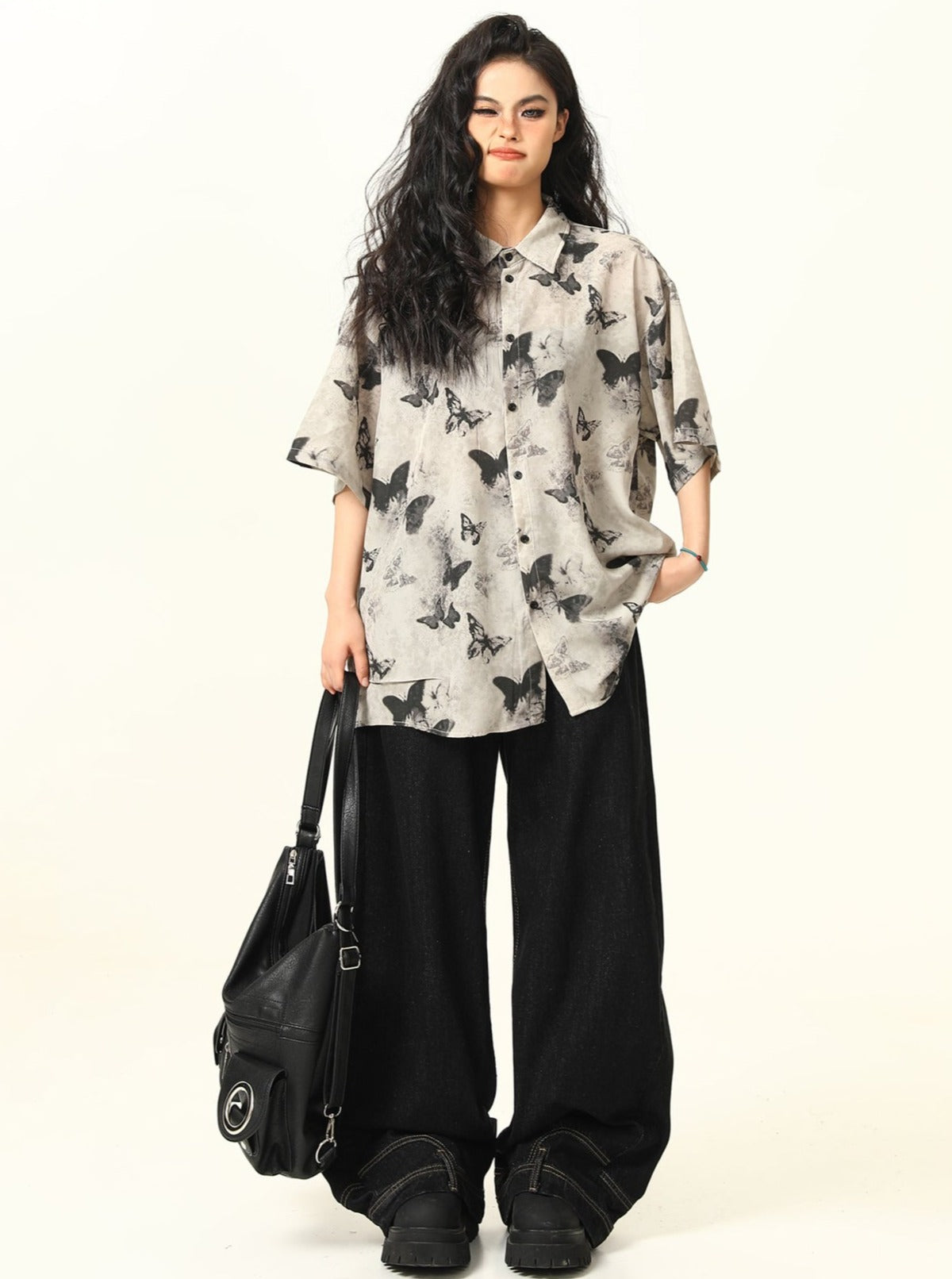 Butterfly Print Pattern Oversized Button-Down Shirt