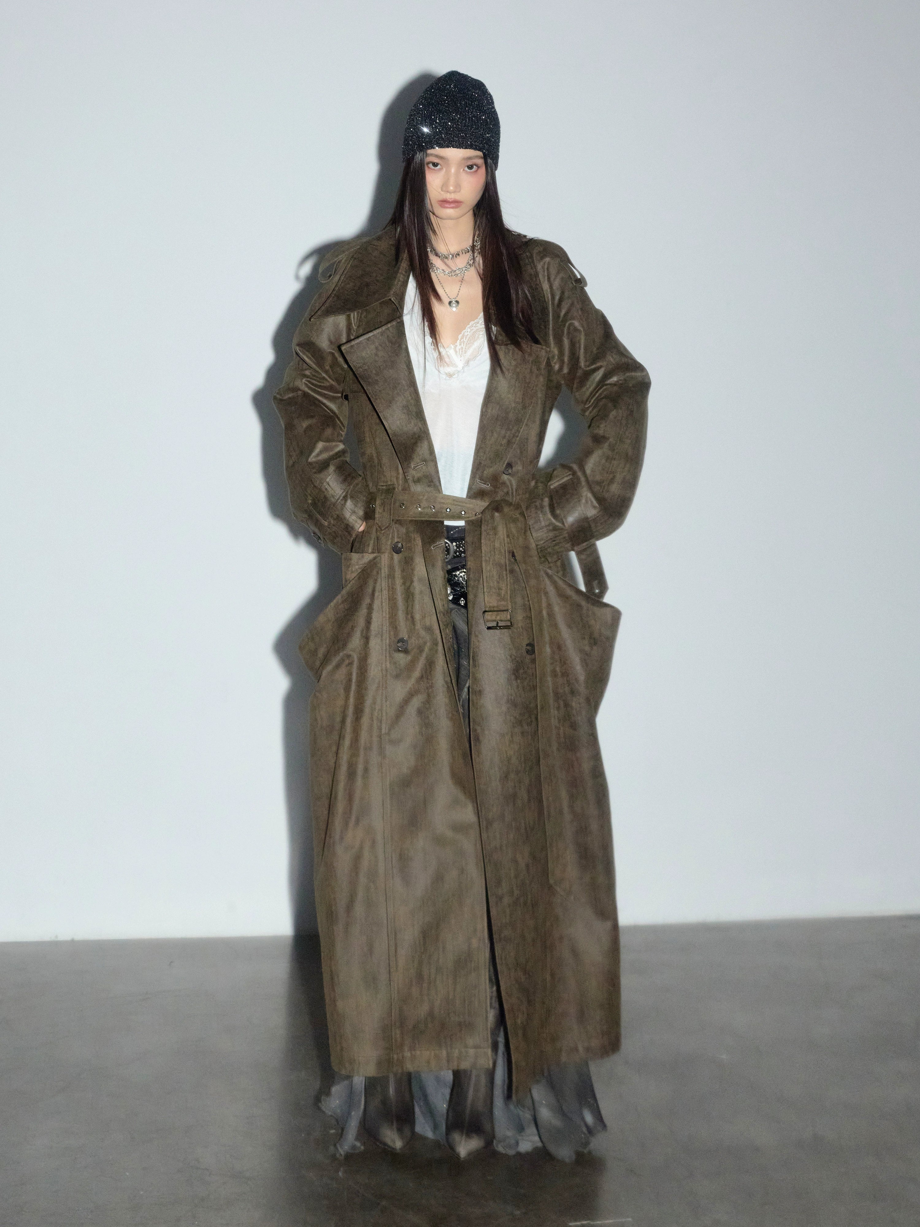 Verdigris Shadow Distressed Trench Coat