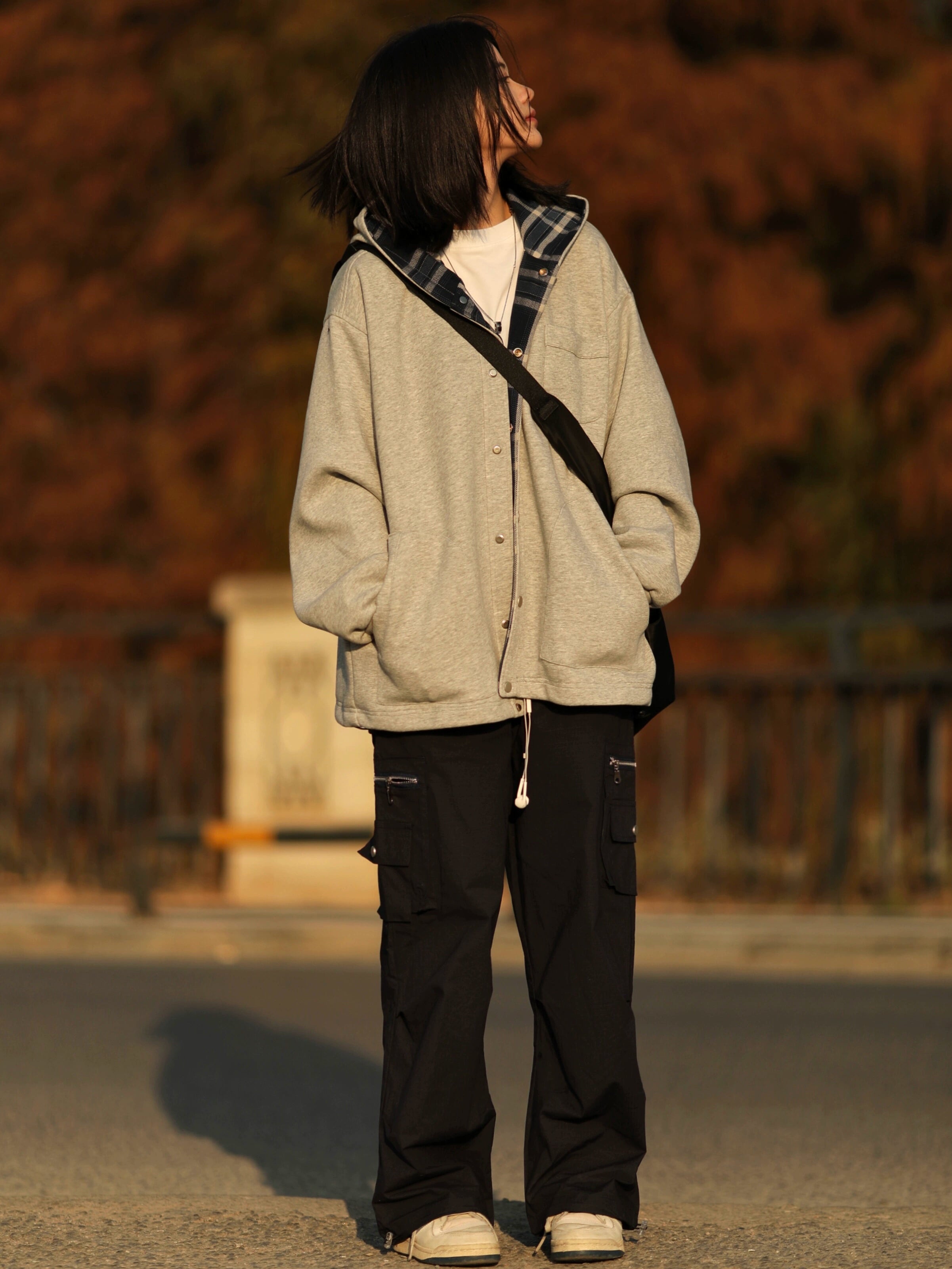 Button-Up Hoodie with Plaid Lining