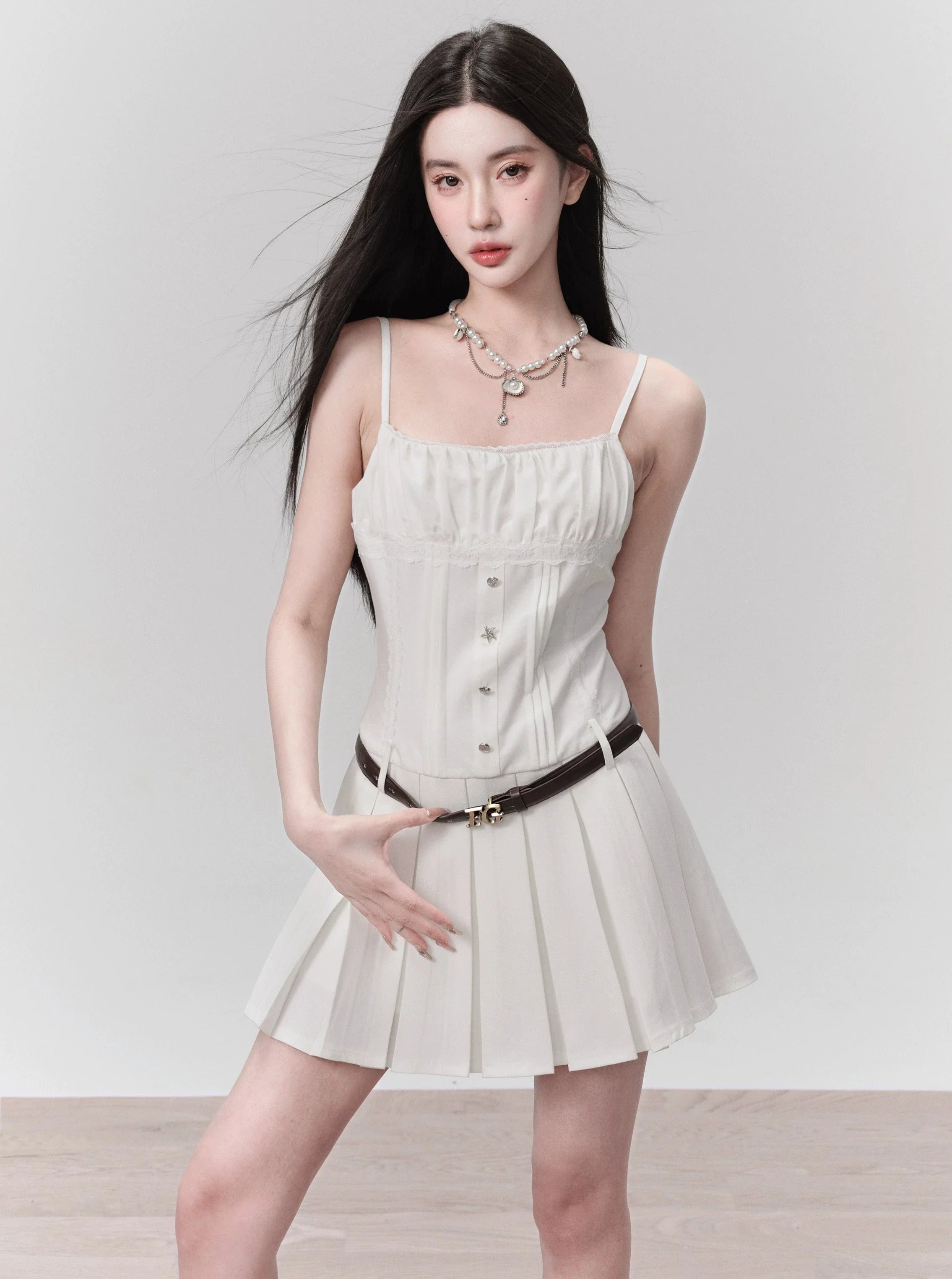 White Pleated Mini Tennis Dress with Button-Front Bodice