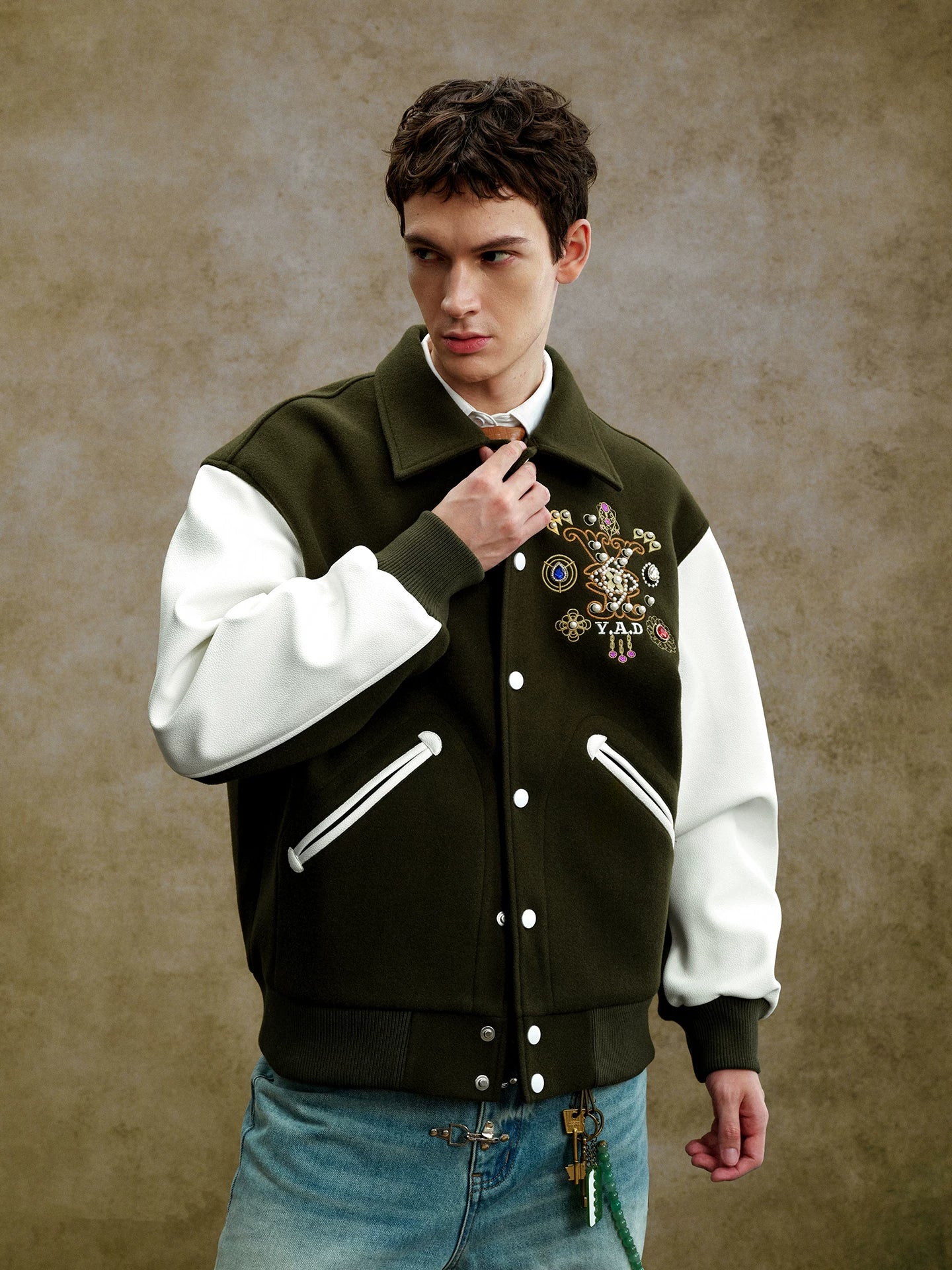 Embroidered Contrast Sleeve Varsity Jacket