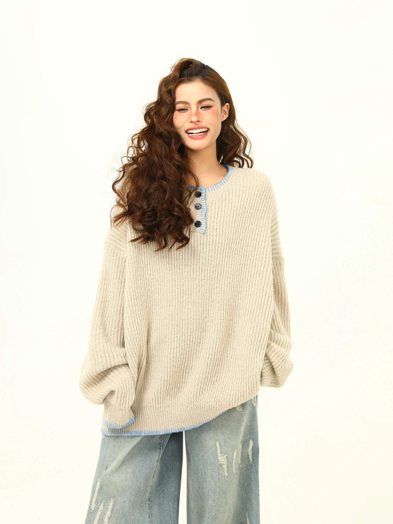 Oversized Cozy Button Trimmed Knit Sweater