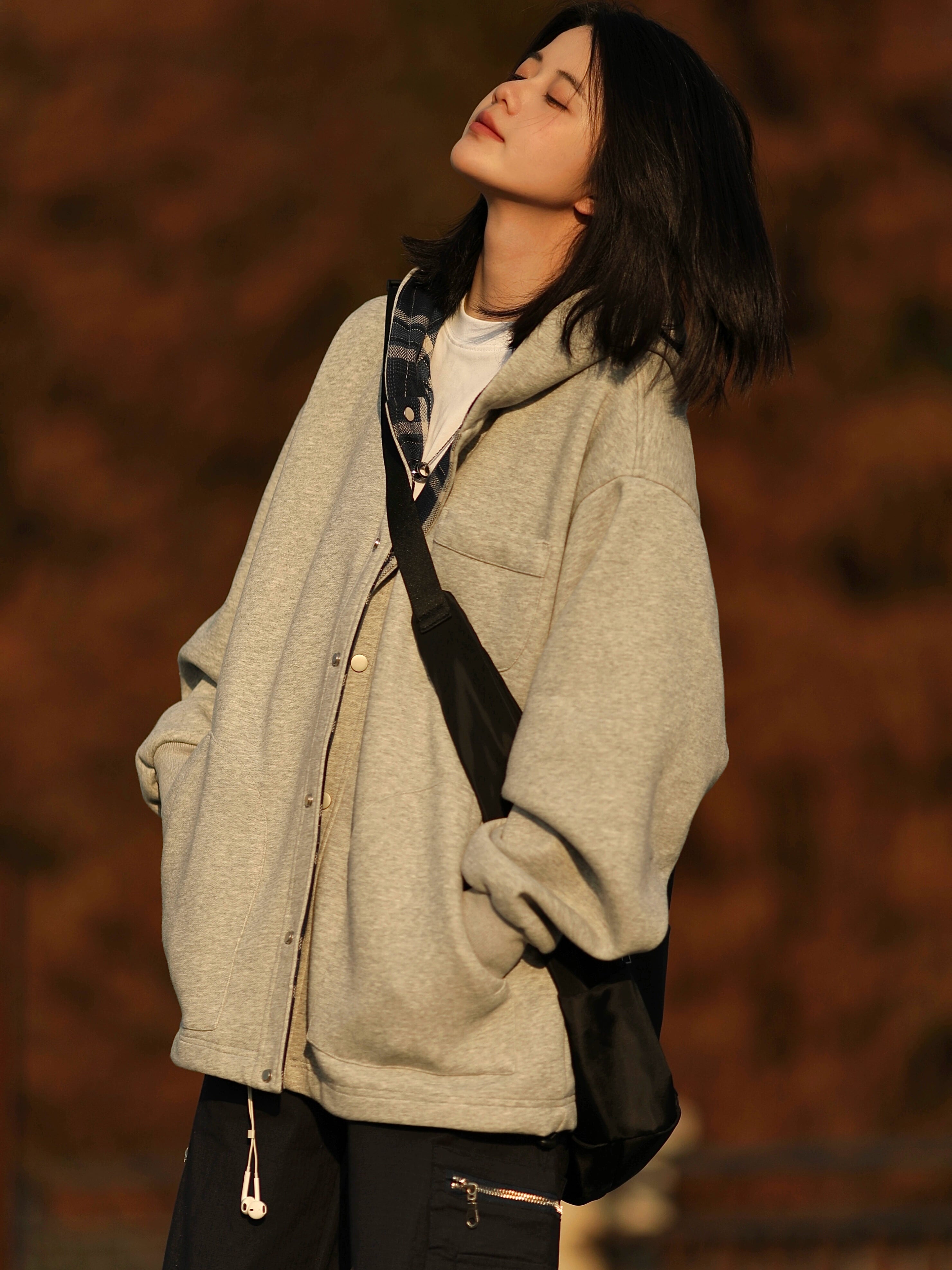 Button-Up Hoodie with Plaid Lining