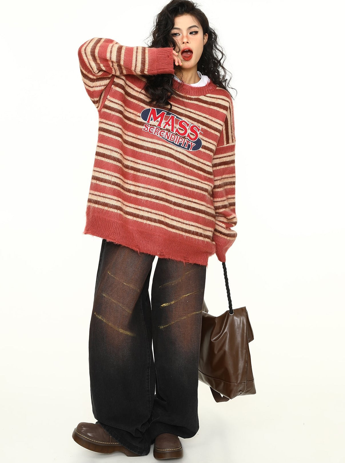 MASS SERENDIPITY Oversized Striped Knit Sweater