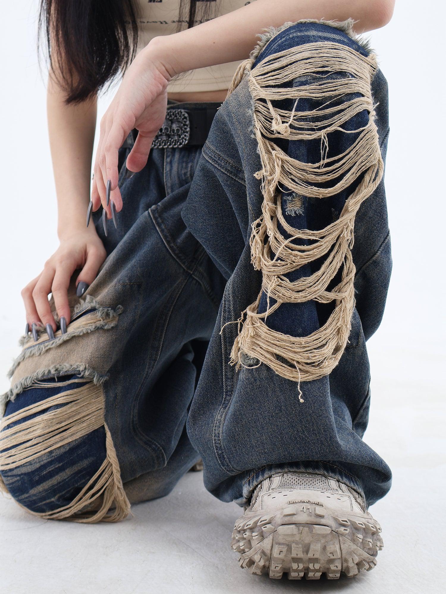 Distressed Patched Denim Jeans - chiclara