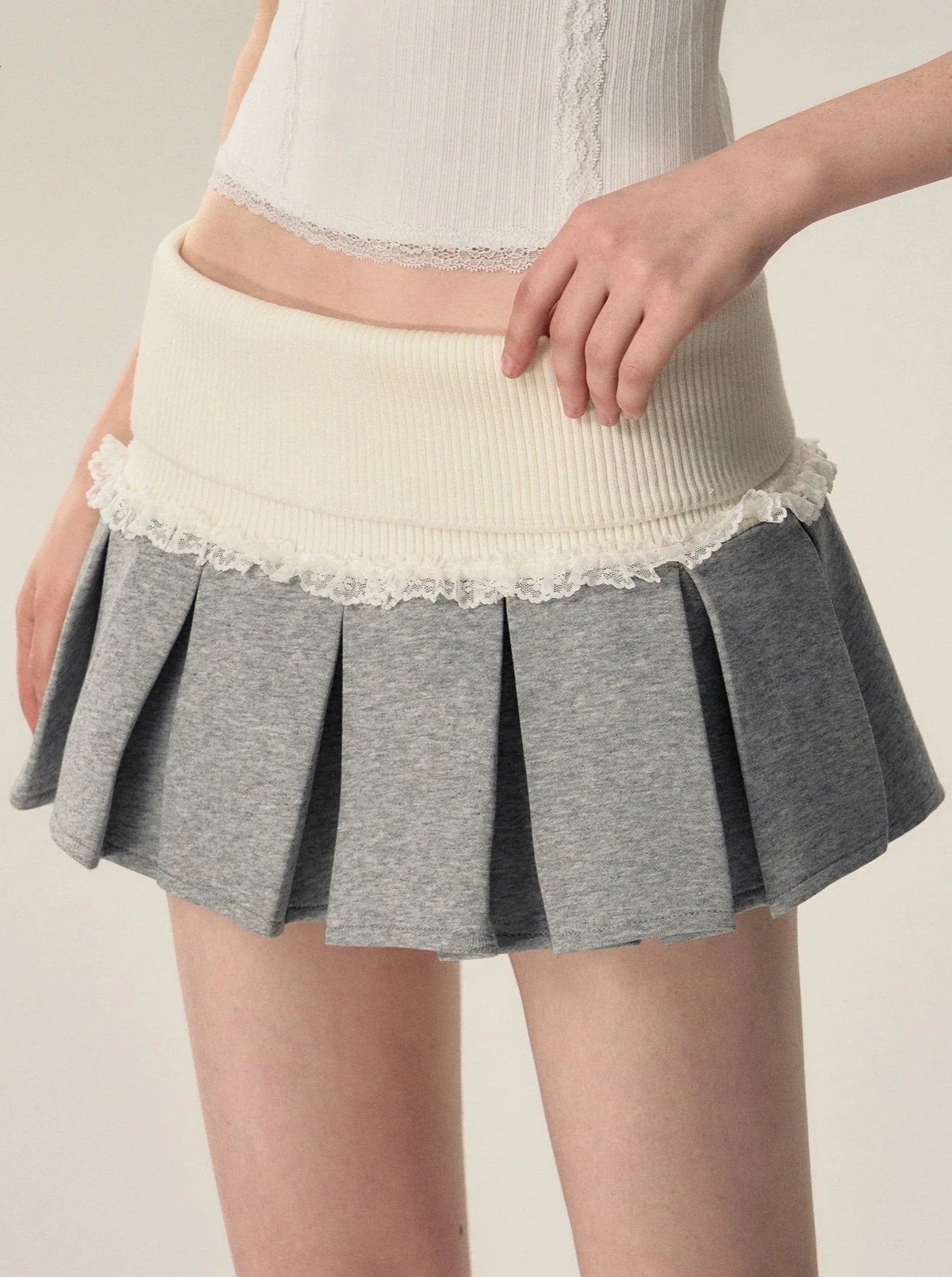 High Waist Knitted Lace Spliced Pleated Skirt - chiclara
