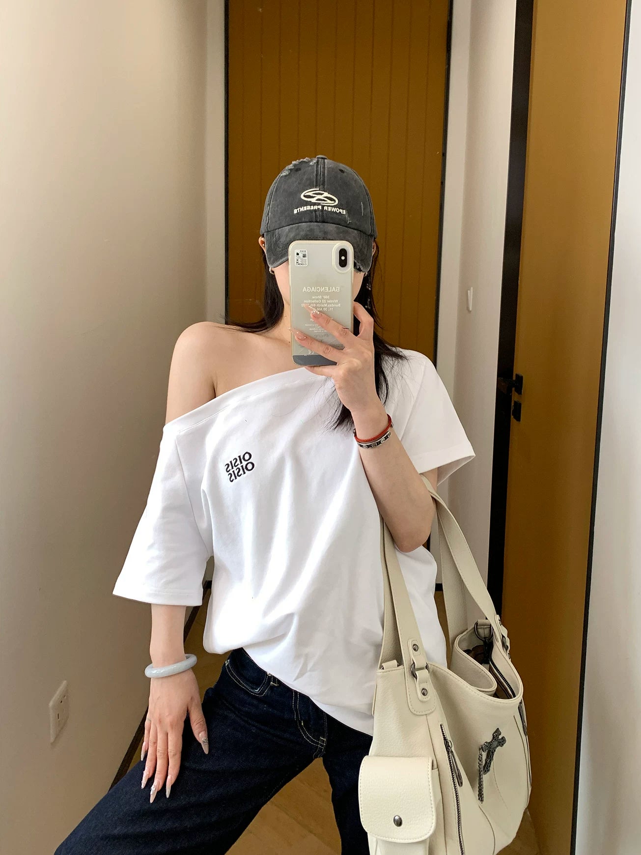 Ash Off-Shoulder Logo Tee