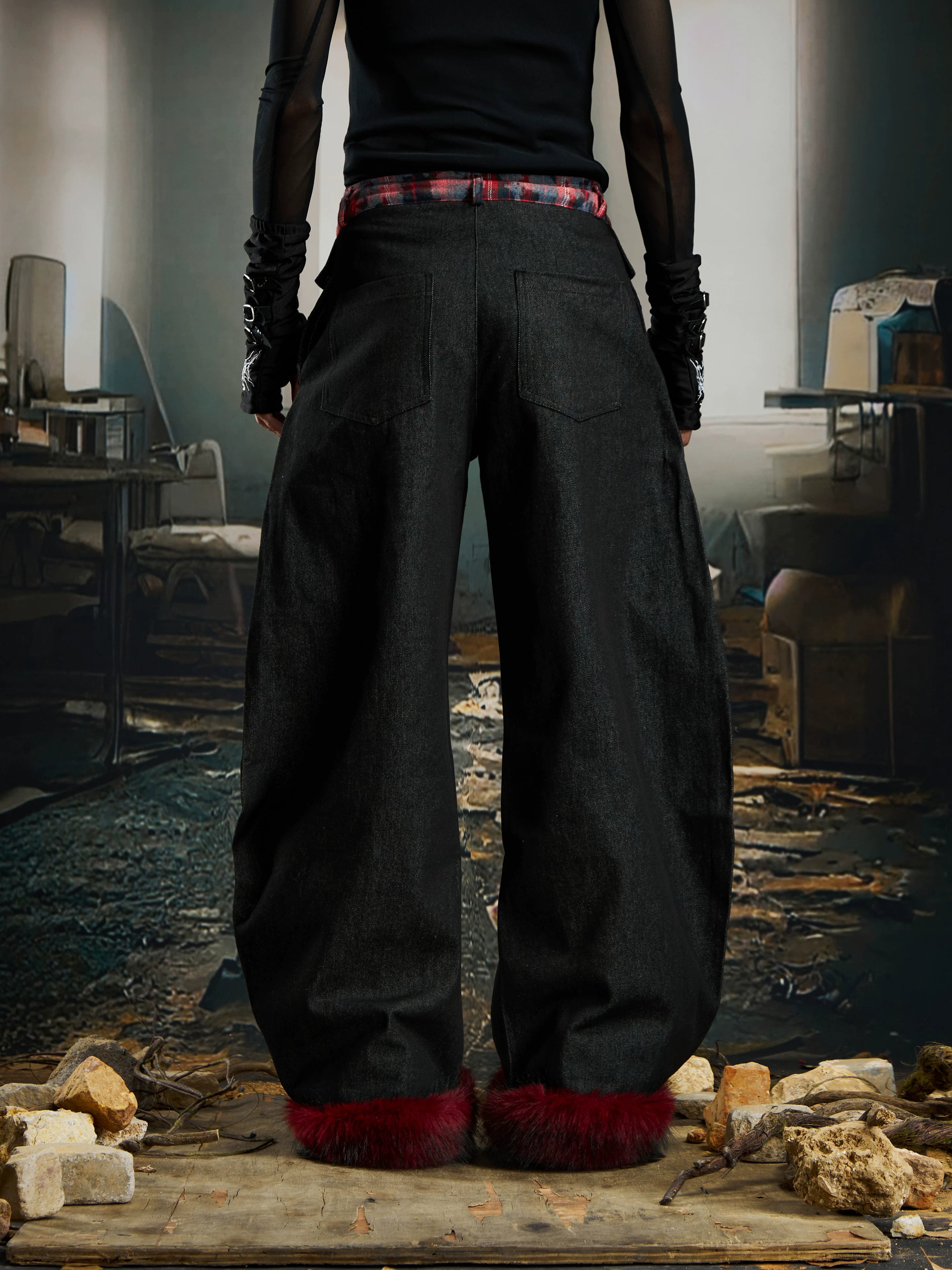 Cuff Flannel‑Trim Furry Hem Pants