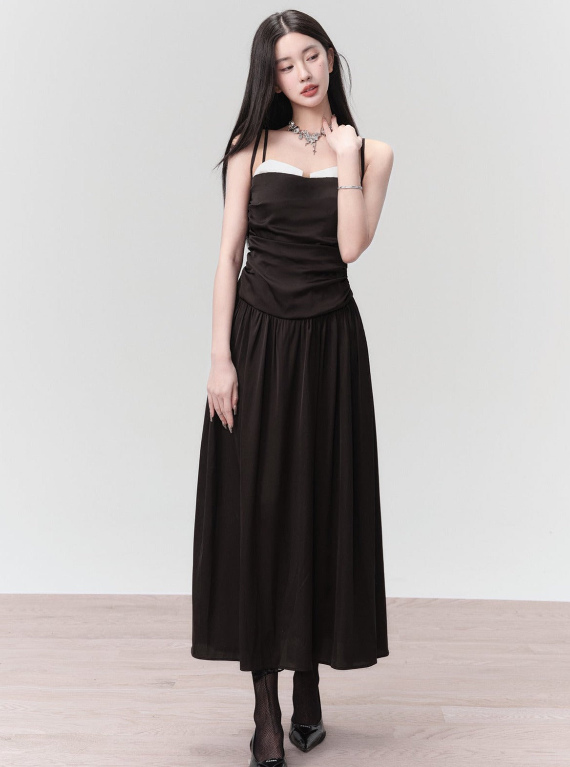 Classic Black Spaghetti Strap Midi Dress with Ruched Bodice