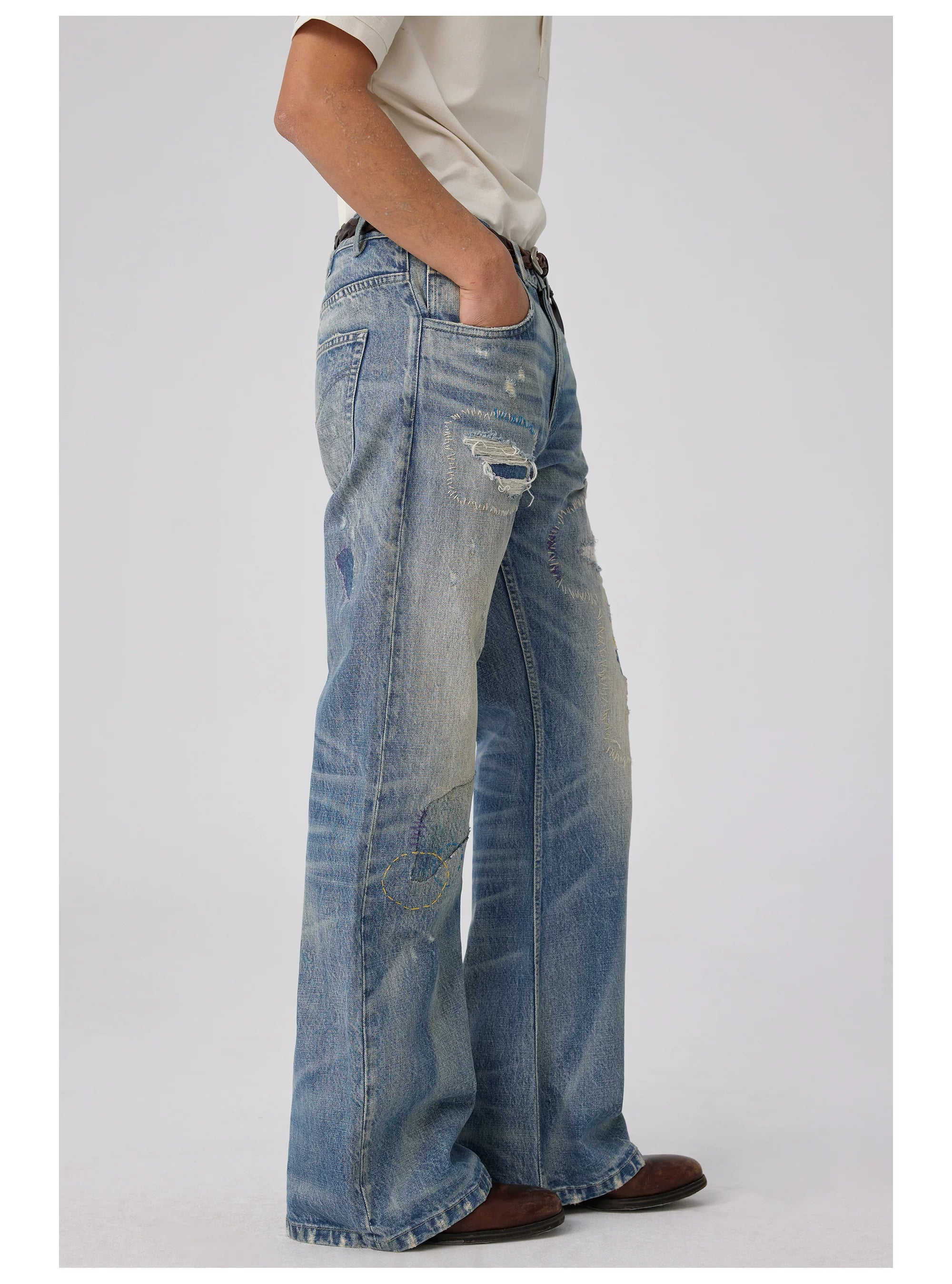 Distressed Patchwork Flared Jeans