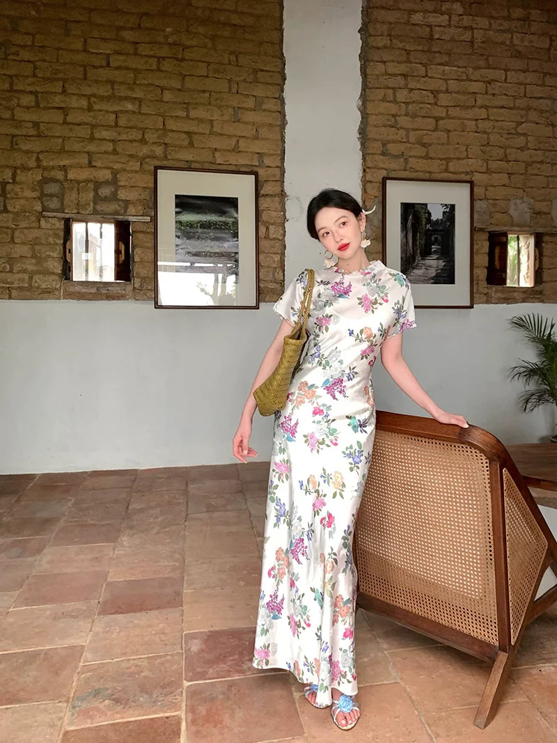 White Floral Satin Cheongsam-Inspired Maxi Dress