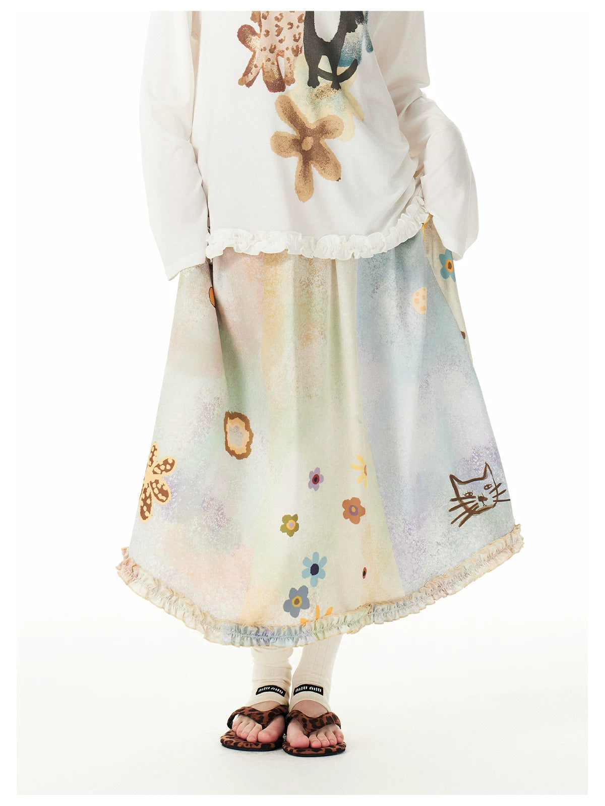 Pastel Meadow Kitty Garden Maxi Skirt