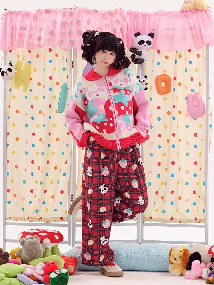 Plaid Panda Strawberry Print Pajama Pants