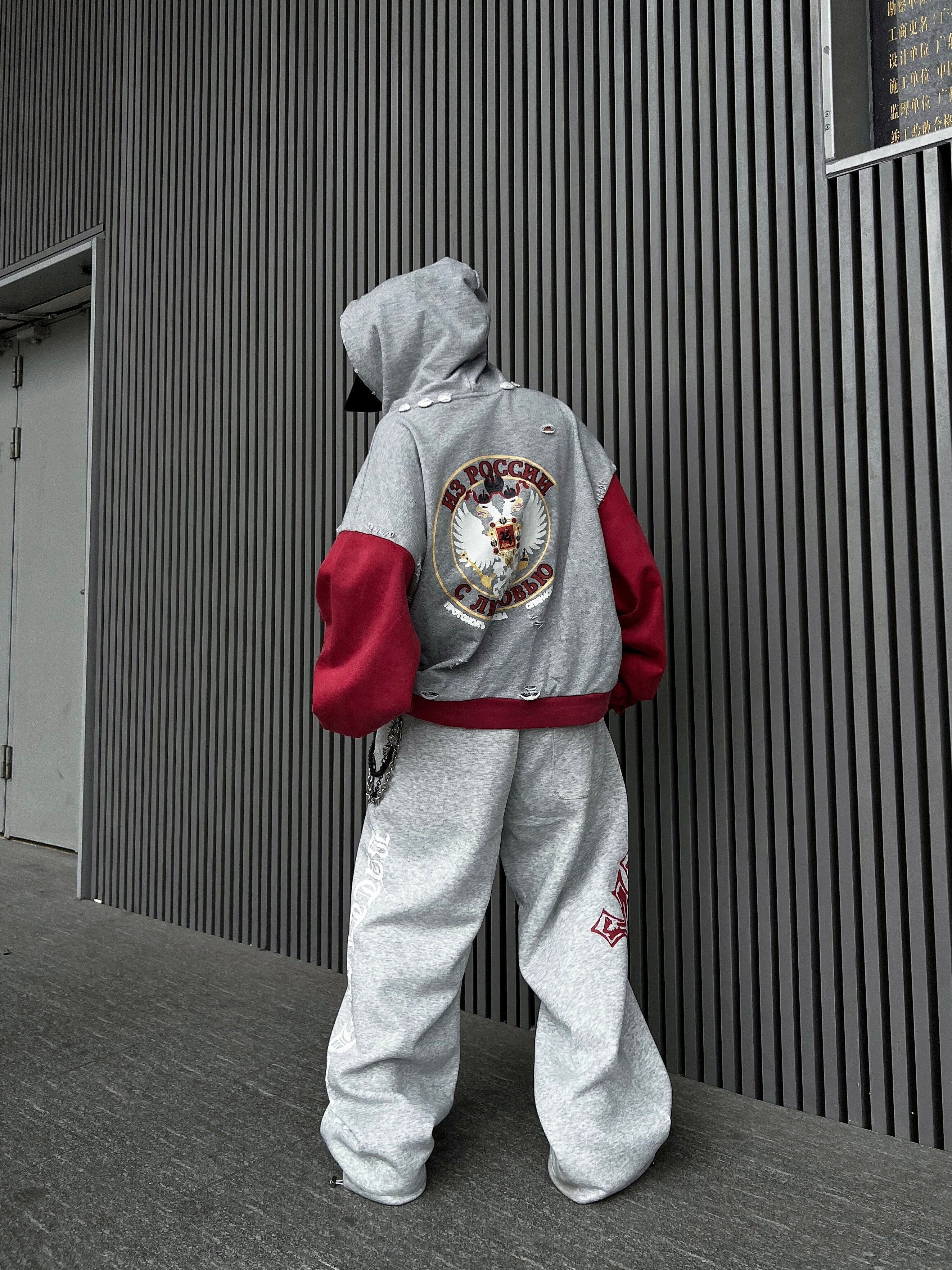 Men's Distressed Number-Print Embroidered Oversized Zip-Up Hoodie