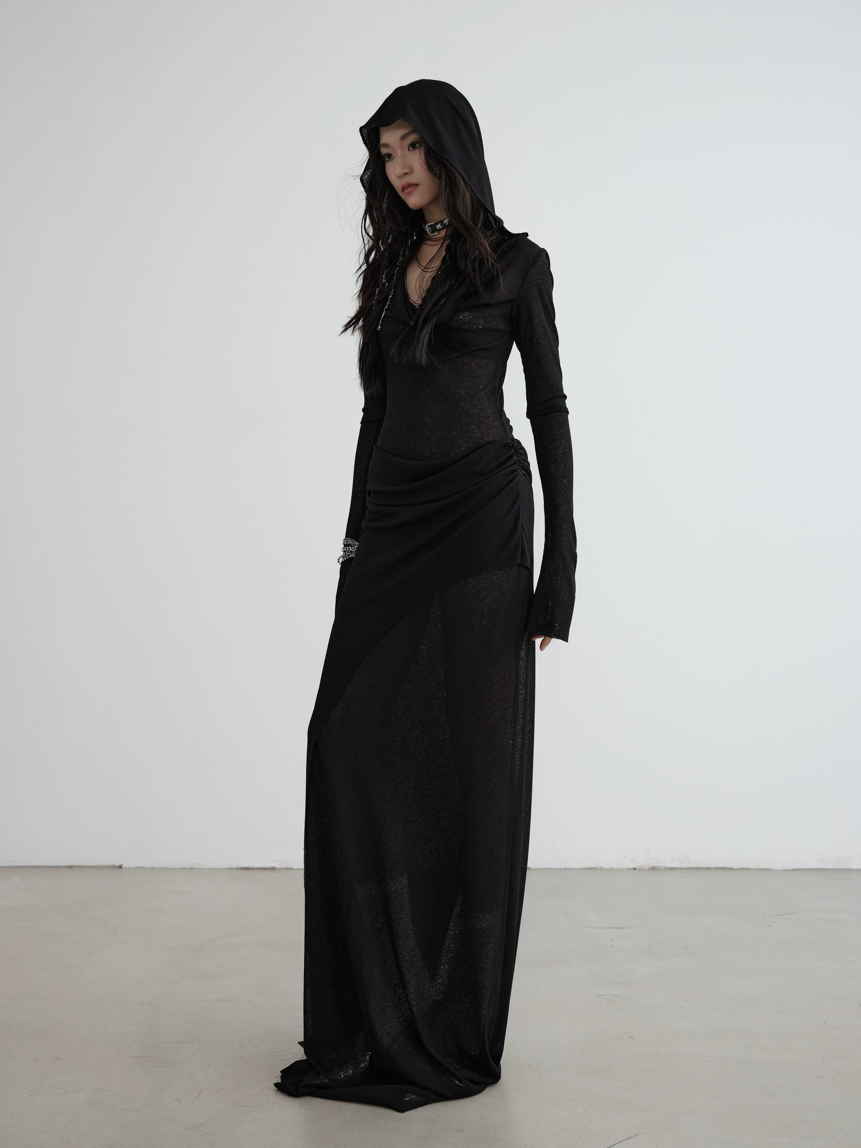 Sheer Black Hooded Maxi Dress
