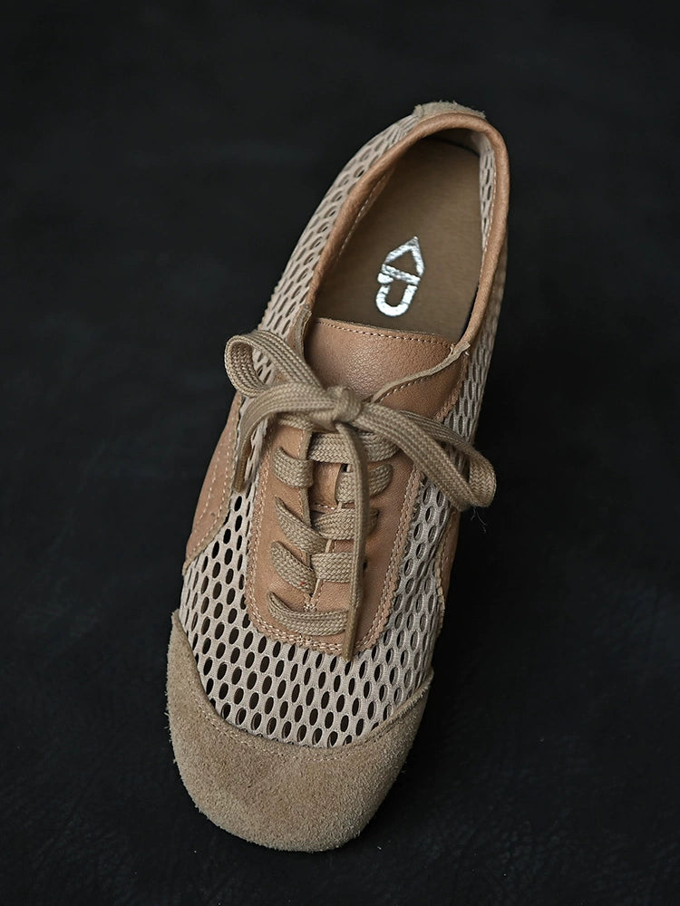 Beige Mesh Suede Lace-Up Sneakers