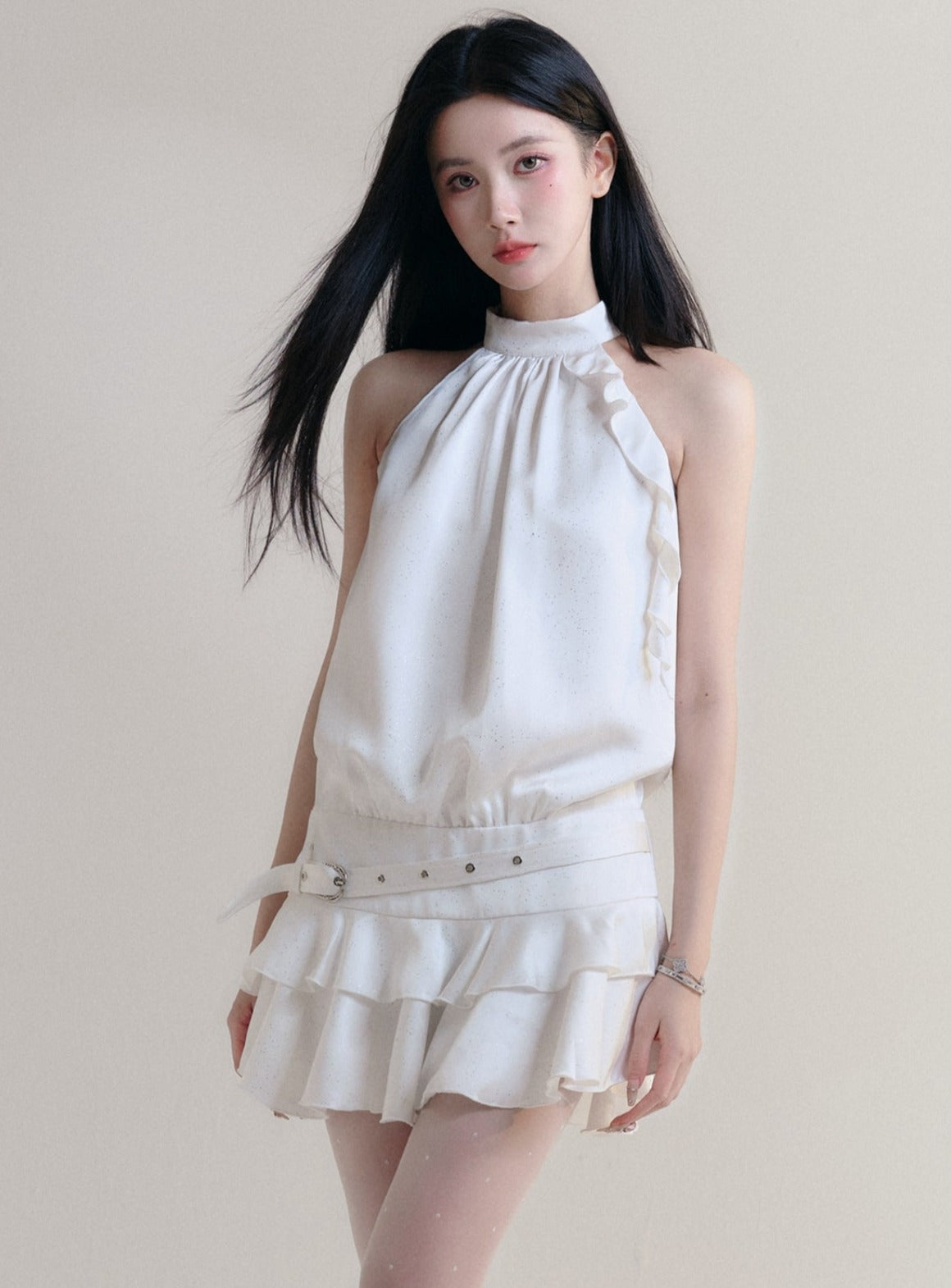 Fragile Heart White Halter Neck Ruffle Mini Dress with Belted Waist