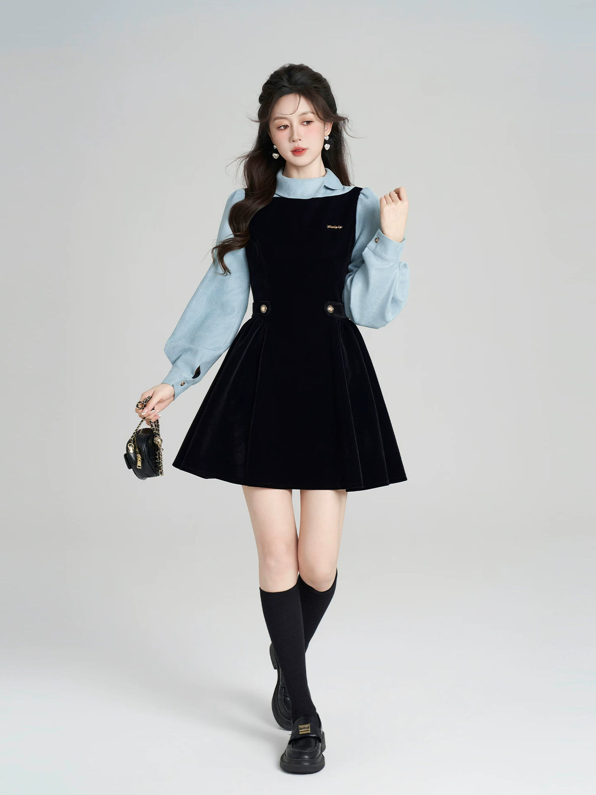 Velvet Pinafore Contrast Sleeve Dress