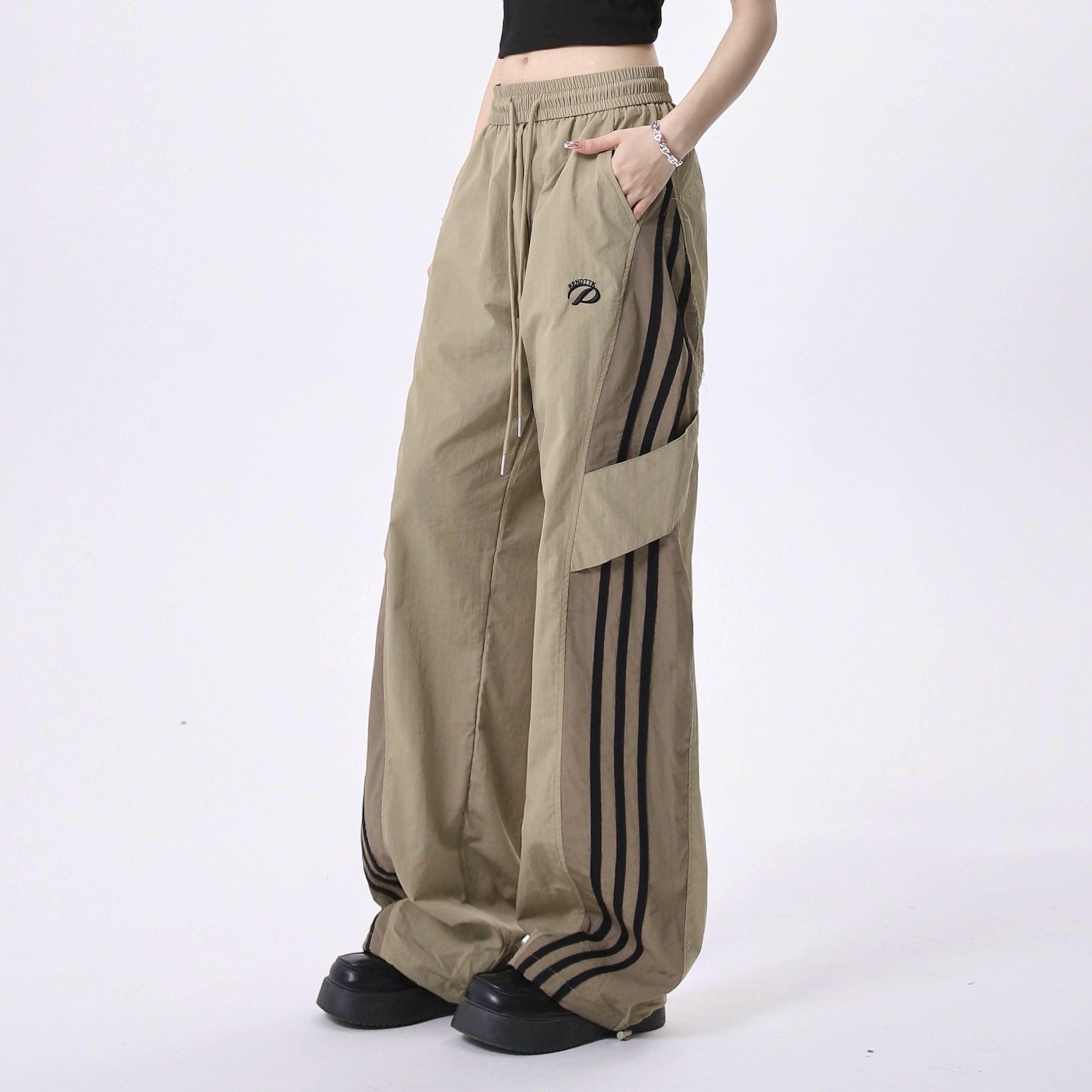 Rayohopp Women s Color Block Wide Leg Track Pants Drawstring Waist