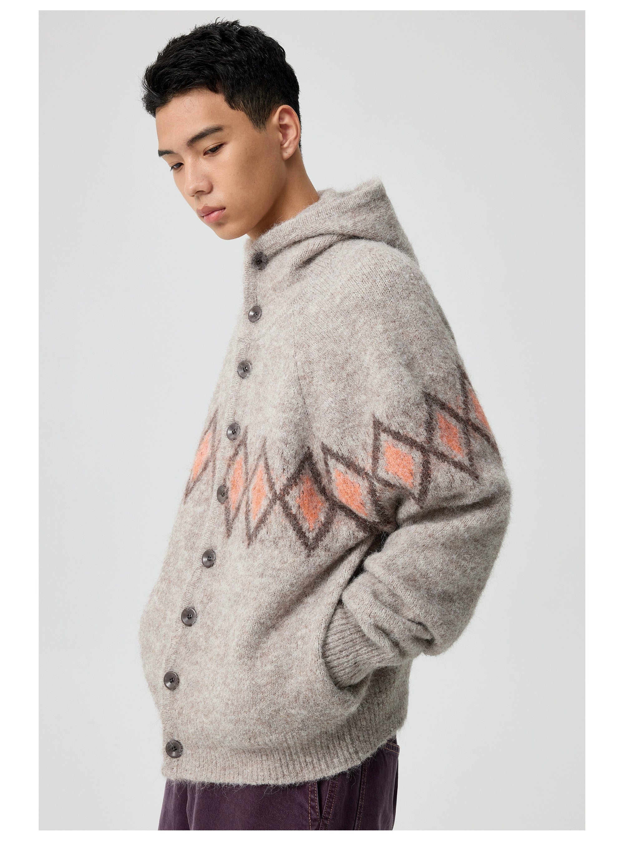 Diamond Pattern Hooded Wool Cardigan