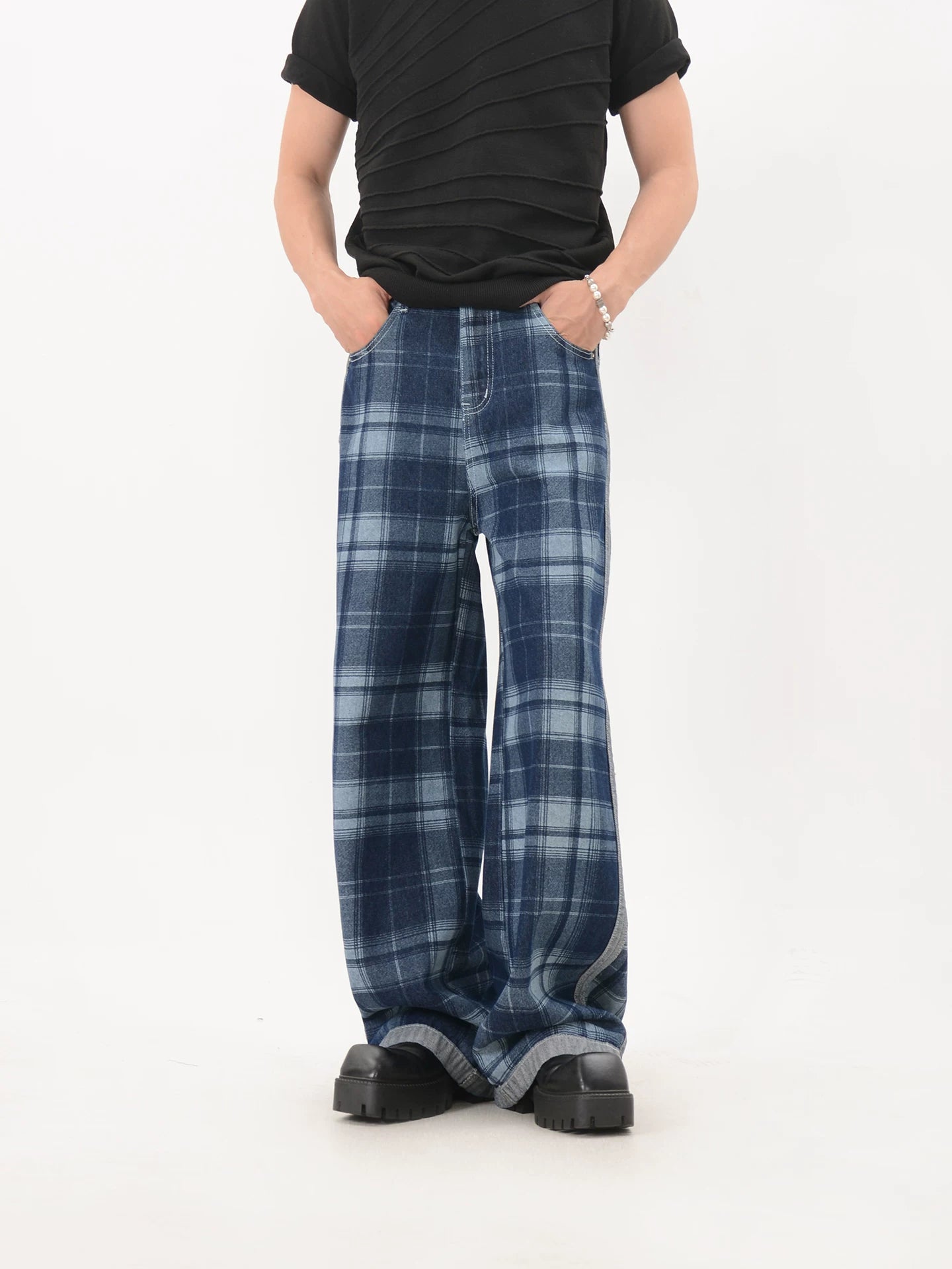 Blue Contrast Trim Plaid Wide Leg Pants