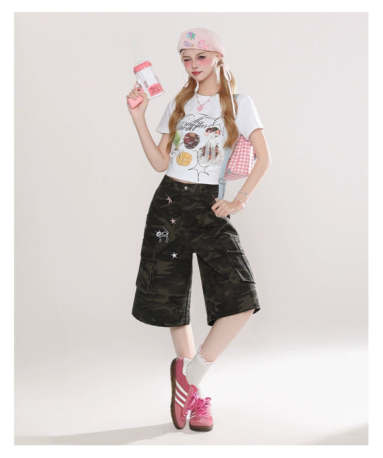 Camo Print Cargo Culottes with Star and Bow Patches