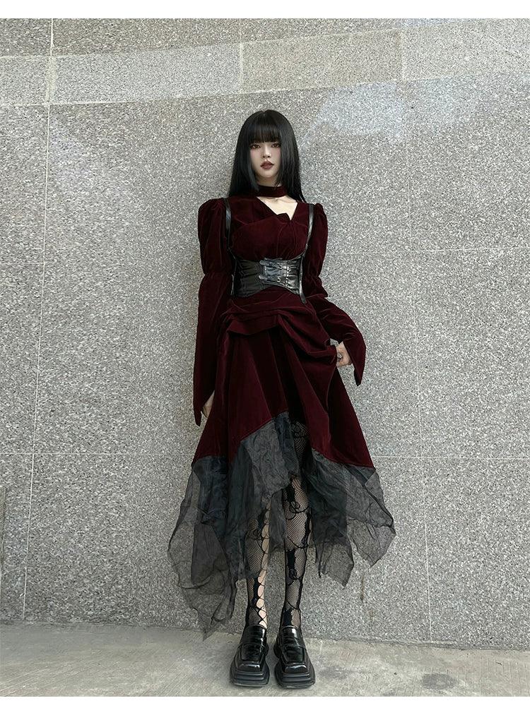 Ladyghost Gothic Victorian Maxi Dress - Women'S Burgundy Velvet And Black Mesh Layered Gown With Corset Belt