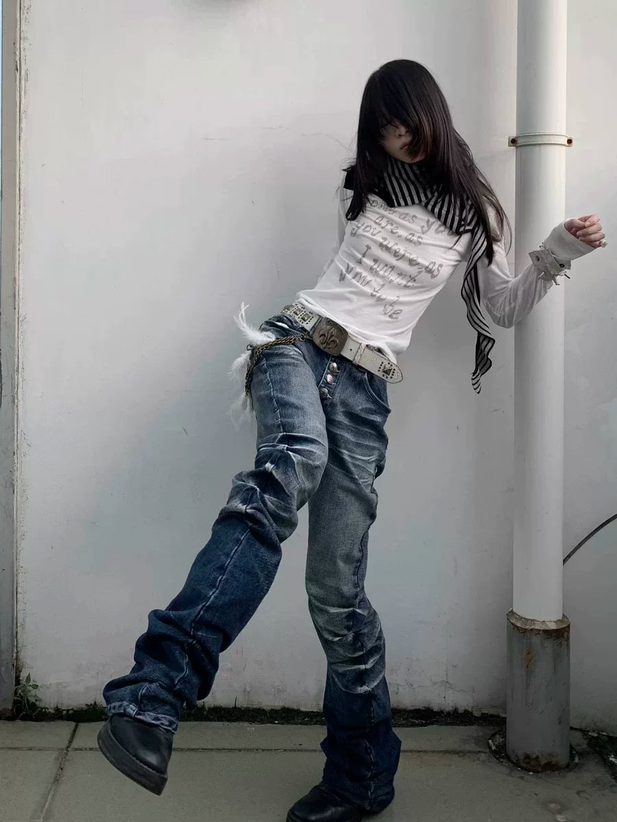 Rippled Scimitar Cracked-Wash Denim Pants