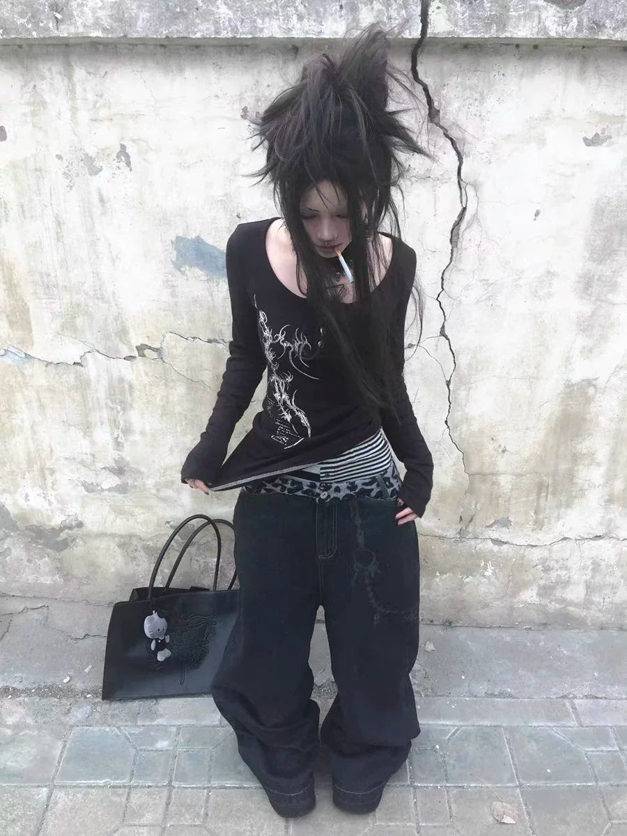 Leopard Waistband Chain Baggy Jeans