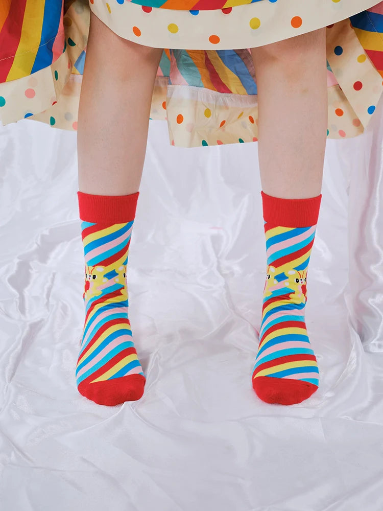 Rainbow Stripe Bear Pattern Crew Socks