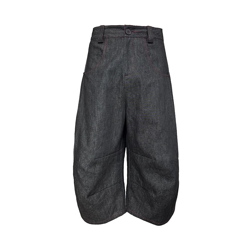 Wide-Leg Cropped Denim Trousers with Contrast Stitching