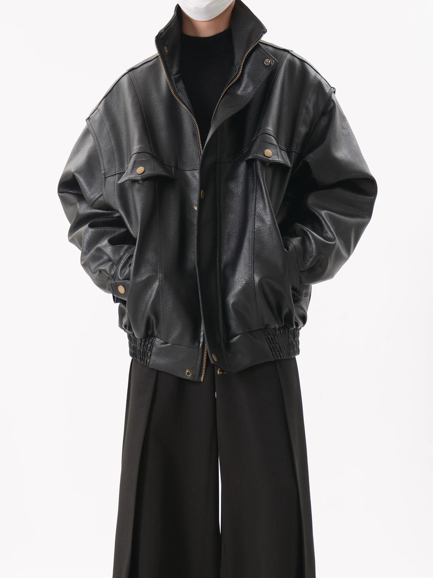 Black Oversized Faux Leather Utility Bomber Jacket