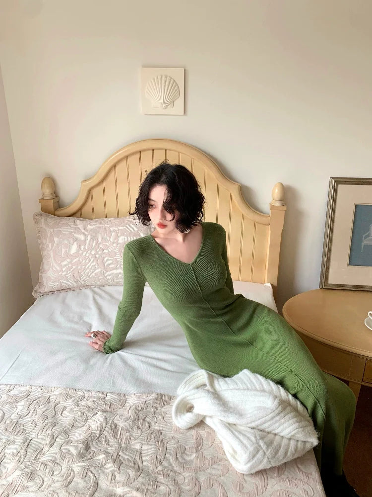 V-Neck Ribbed Knit Sexy Dress