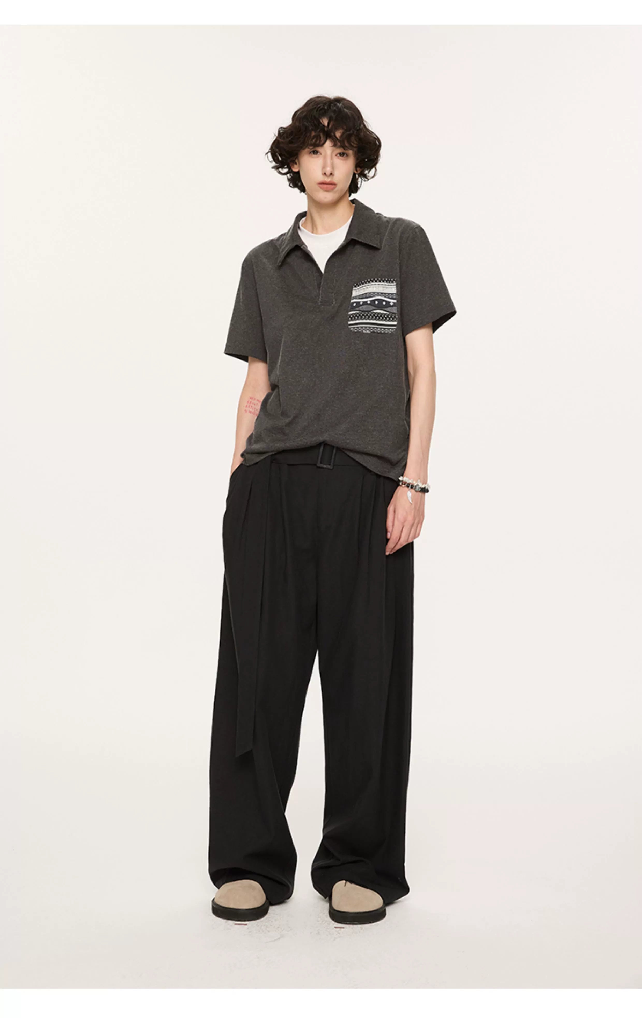 Charcoal Polo Shirt with Patterned Chest Pocket