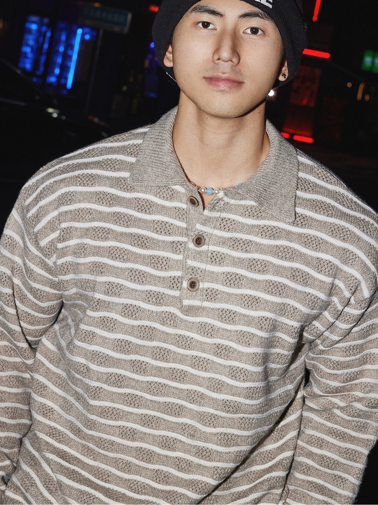 Monochrome Wave Knit Rugby Shirt