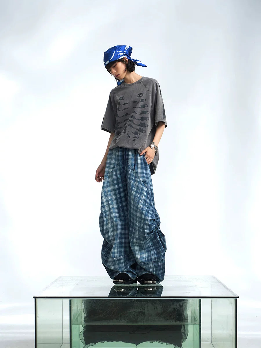 Blue Plaid Balloon Leg Parachute Jeans
