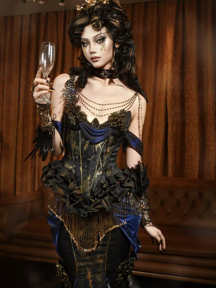 Victorian Steampunk Corset Dress - Gold Satin Gothic Ball Gown