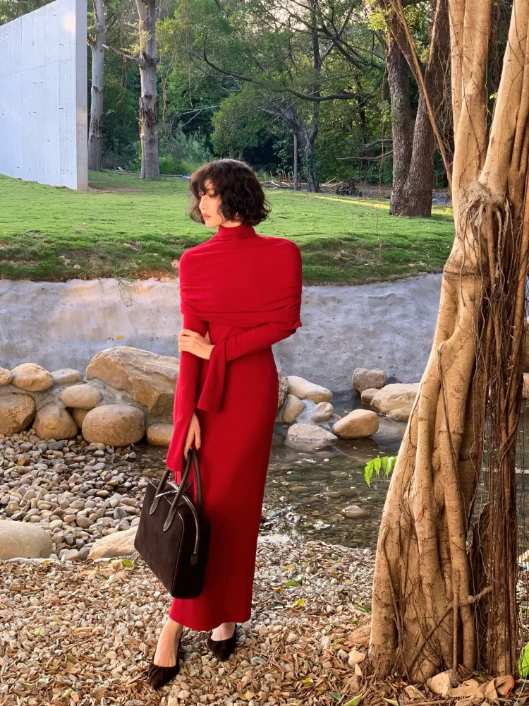 High Neck Shawl and Long Sleeve Maxi Dress Set