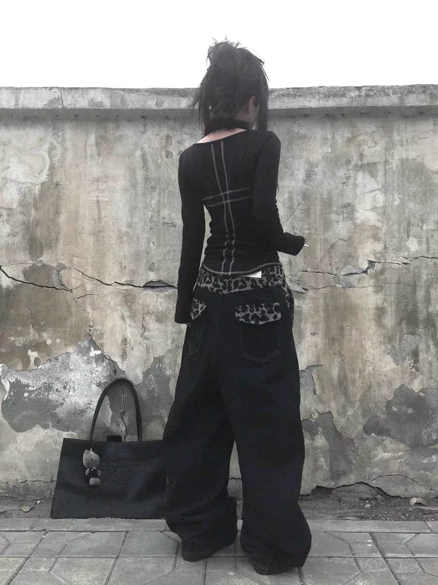 Leopard Waistband Chain Baggy Jeans