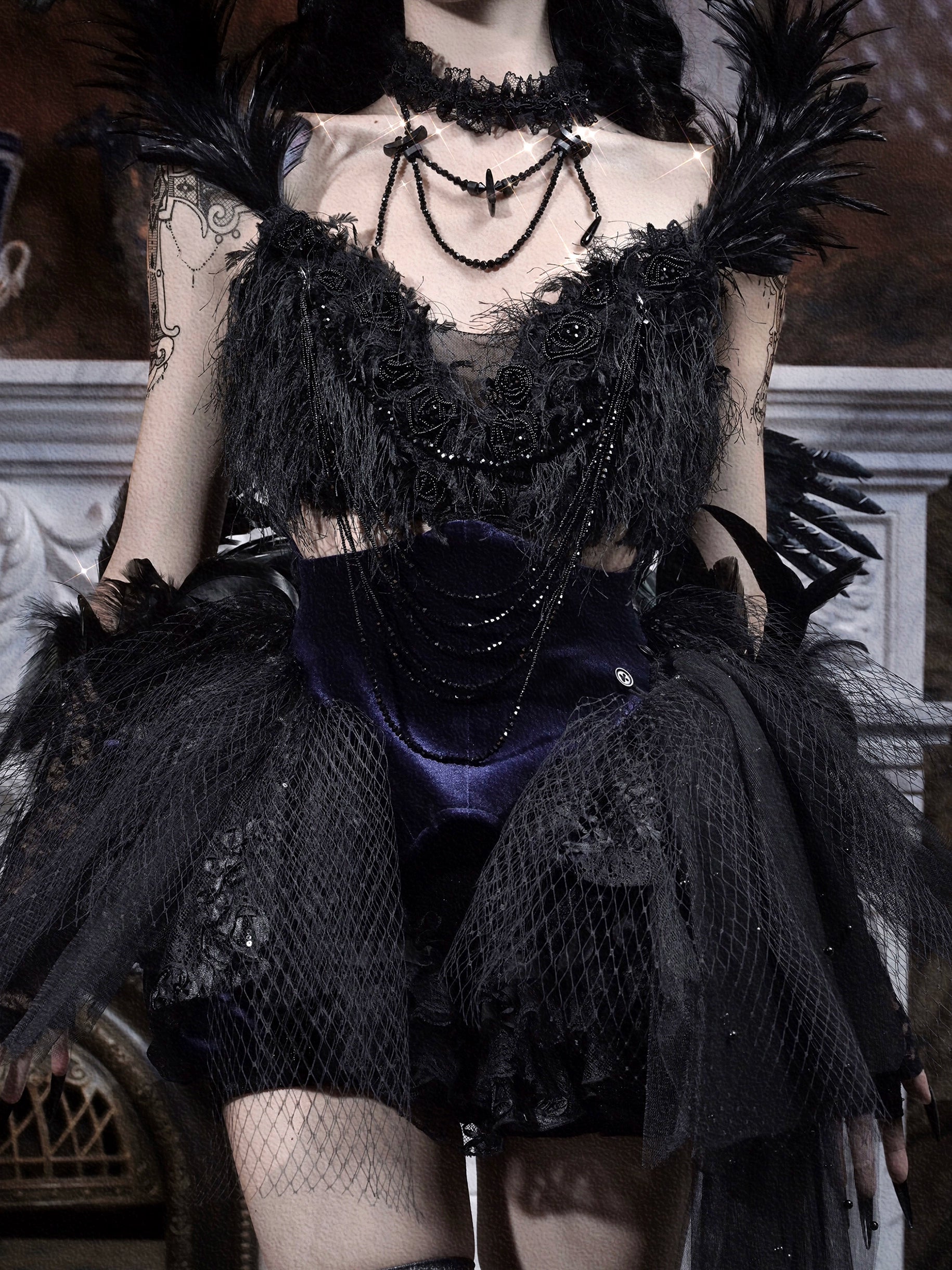 Gothic Black Swan Feather Tulle Corset Top