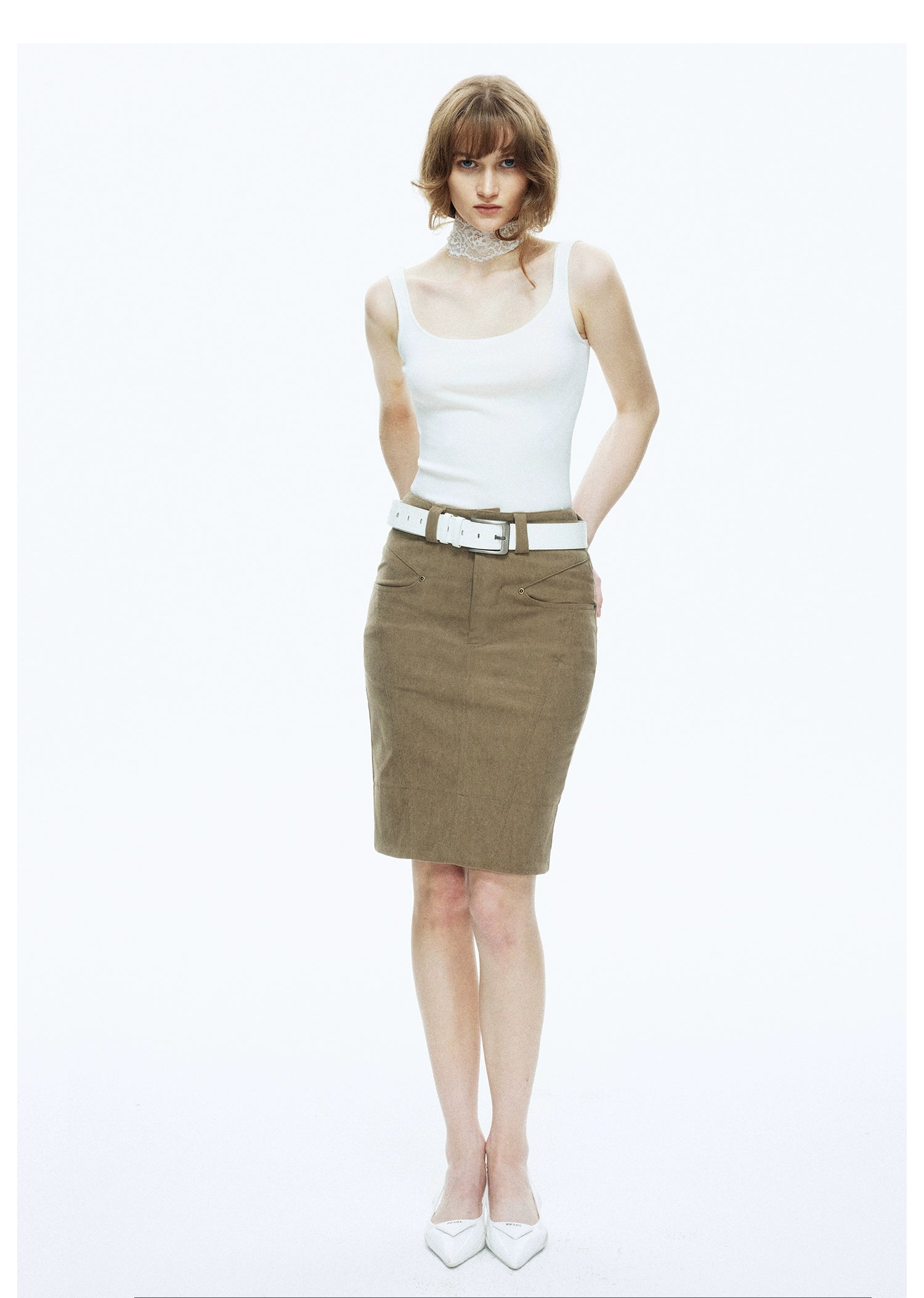 Khaki Corduroy Midi Skirt