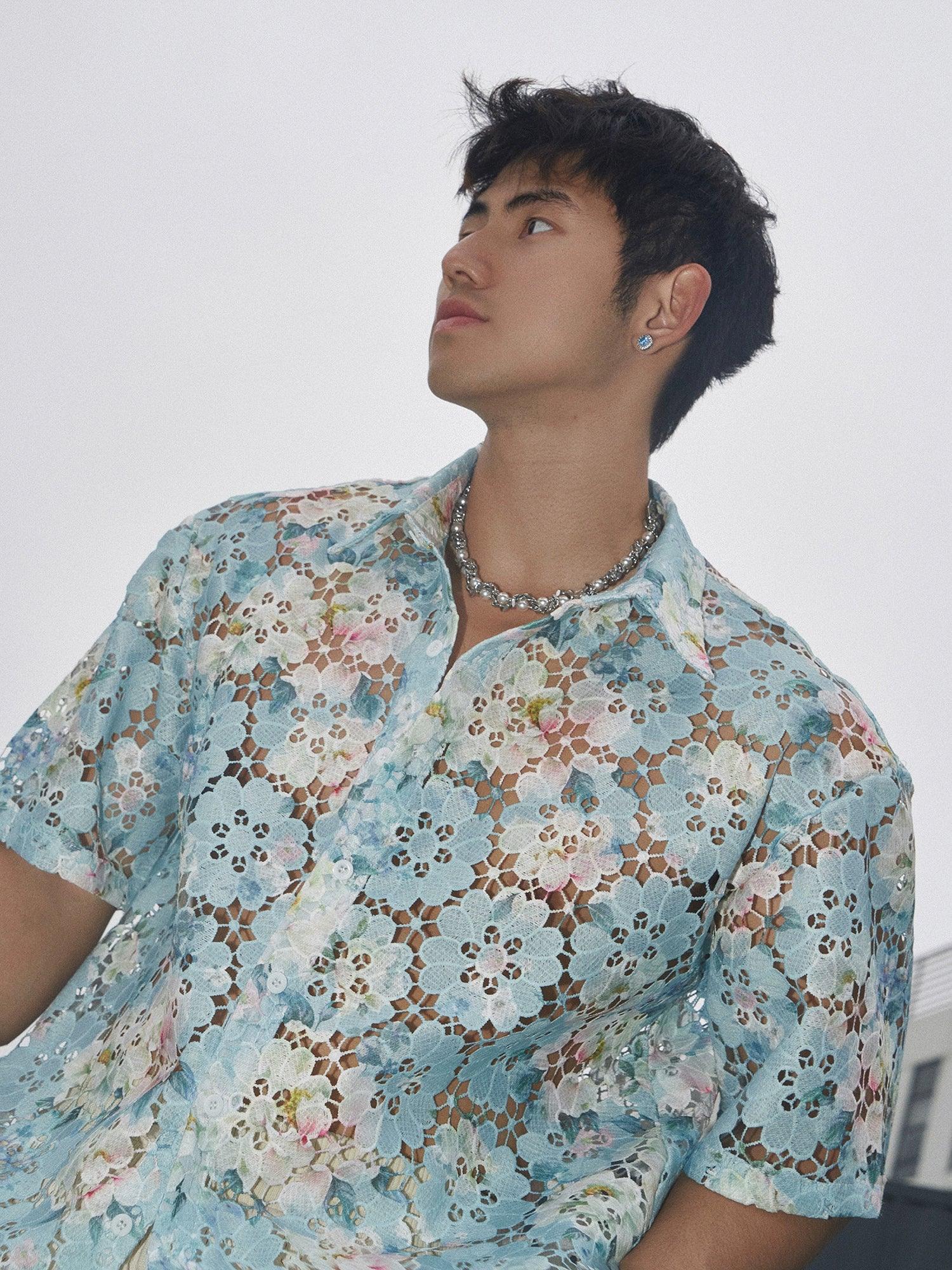 Lace-Like Floral Pattern Button-Up Shirt